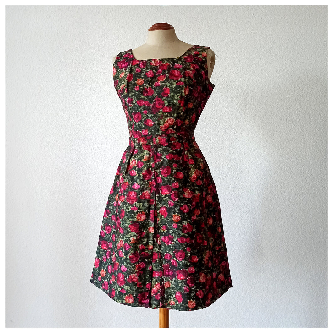 1950s 1960s - Amazing Roseprint Satin Dress - W26 (66cm)