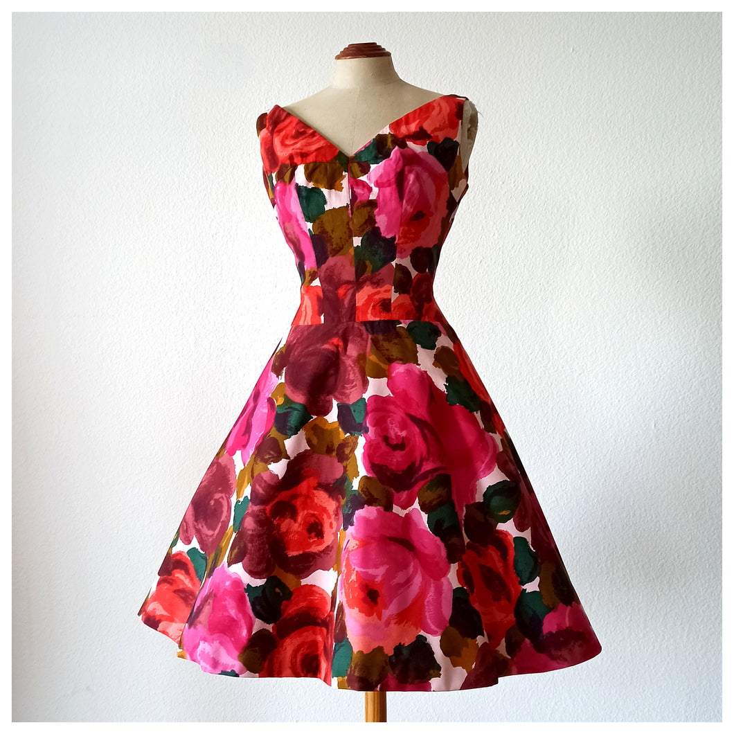 1950s 1960s - Stunning Floral Print Cotton Dress - W27 (68cm)