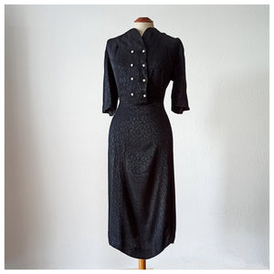 1930s 1940s - Beautiful Black Textured Rayon Dress - W36 (92cm)