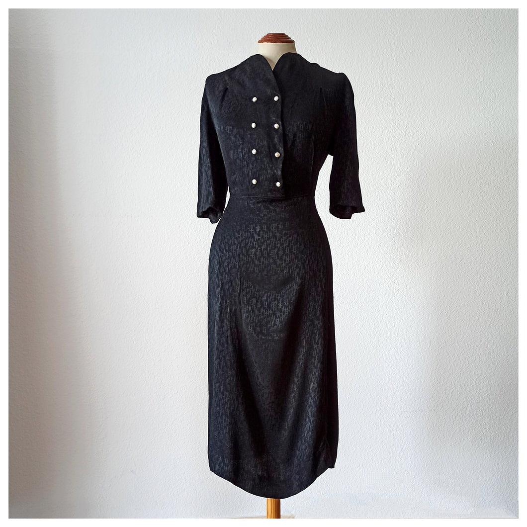 1930s 1940s - Beautiful Black Textured Rayon Dress - W36 (92cm)