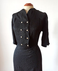 1930s 1940s - Beautiful Black Textured Rayon Dress - W36 (92cm)