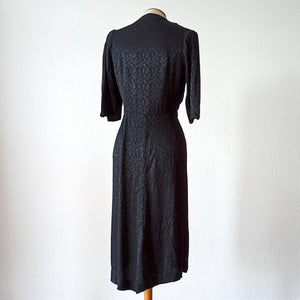 1930s 1940s - Beautiful Black Textured Rayon Dress - W36 (92cm)