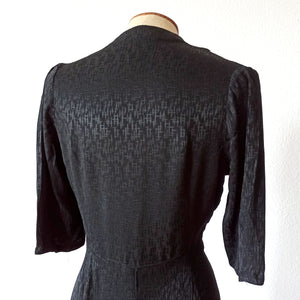 1930s 1940s - Beautiful Black Textured Rayon Dress - W36 (92cm)