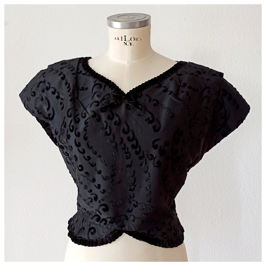 1940s 1950s - Elegant Black Satin Velvet Top - W32 (82cm)