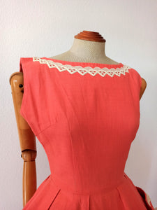 1950s - ERVASTIL - Adorable Salmon Linen Dress - W25 (64cm)