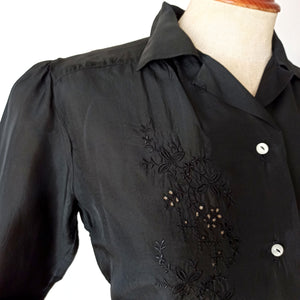 1940s 1950s - Exquisite Pure Black Silk Blouse - W35 (88cm)