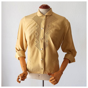 1950s - Delicious Embroidery Mustard Silk Blouse