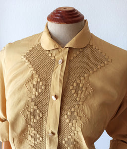 1950s - Delicious Embroidery Mustard Silk Blouse