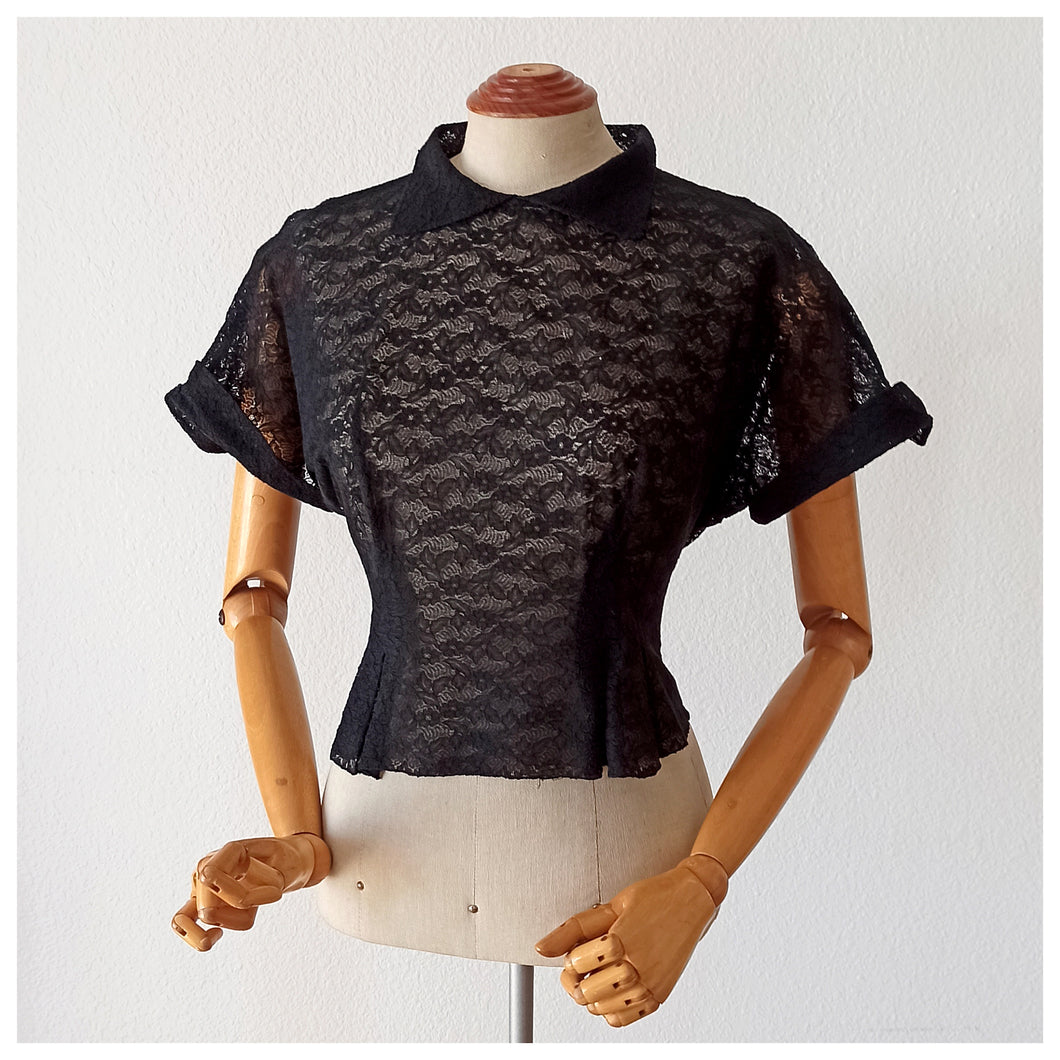 1950s - Superb Black Cotton Lace Blouse - W38 (96cm)