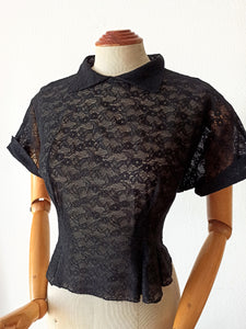 1950s - Superb Black Cotton Lace Blouse - W38 (96cm)