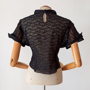 1950s - Superb Black Cotton Lace Blouse - W38 (96cm)