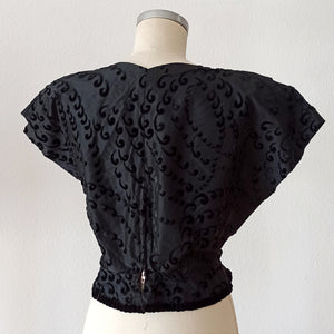 1940s 1950s - Elegant Black Satin Velvet Top - W32 (82cm)