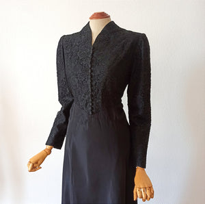 1930s 1940s - Outstanding Black Lace Satin Dress - W30 (76cm)