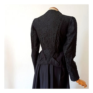 1930s 1940s - Outstanding Black Lace Satin Dress - W30 (76cm)