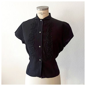 1950s - Stunning Black Rayon Blouse - W38 (96cm)