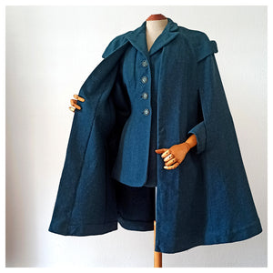 1940s - Fabulous Petrol Wool Jacket Cape Set - W27 (68cm)