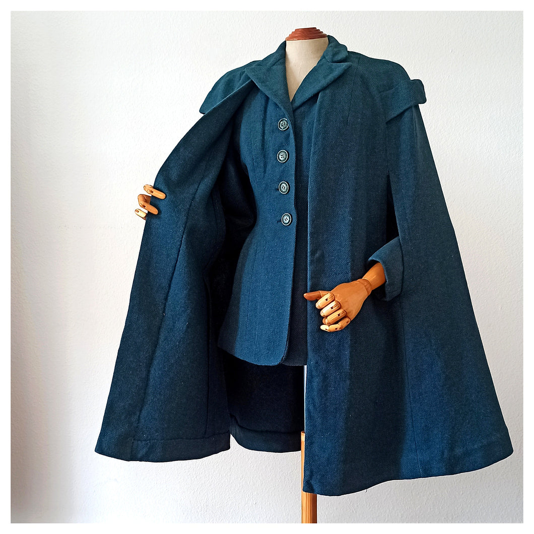 1940s - Fabulous Petrol Wool Jacket Cape Set - W27 (68cm)