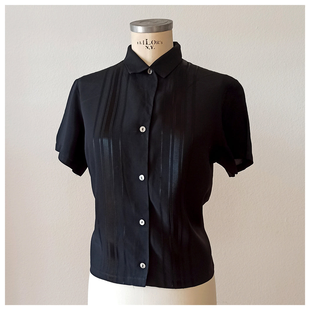 1950s - Gorgeous Black Rayon Silk Blouse - Sz. 44