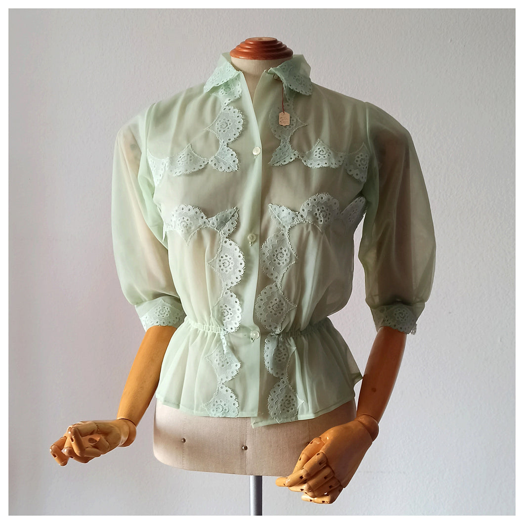 1950s - Deadstock NWT - Charming French Light Green Nylon Blouse - Sz. 42