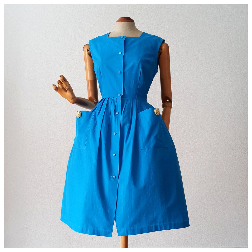 1950s 1960s - Adorable Blue Pockets Cotton Dress - W30 (76cm)