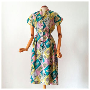 1940s - Spectacular Novelty Print Silk Dress - W26 (66cm)