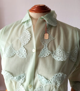 1950s - Deadstock NWT - Charming French Light Green Nylon Blouse - Sz. 42