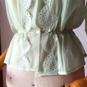 1950s - Deadstock NWT - Charming French Light Green Nylon Blouse - Sz. 42