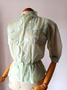 1950s - Deadstock NWT - Charming French Light Green Nylon Blouse - Sz. 42