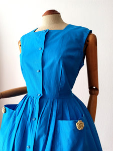 1950s 1960s - Adorable Blue Pockets Cotton Dress - W30 (76cm)