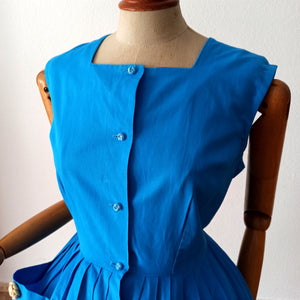 1950s 1960s - Adorable Blue Pockets Cotton Dress - W30 (76cm)