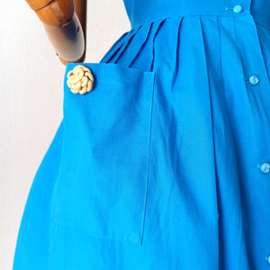 1950s 1960s - Adorable Blue Pockets Cotton Dress - W30 (76cm)