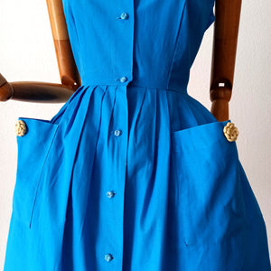 1950s 1960s - Adorable Blue Pockets Cotton Dress - W30 (76cm)