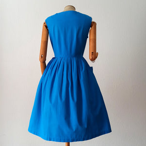 1950s 1960s - Adorable Blue Pockets Cotton Dress - W30 (76cm)