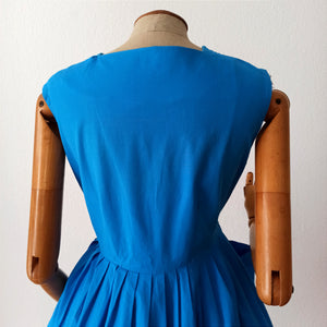 1950s 1960s - Adorable Blue Pockets Cotton Dress - W30 (76cm)