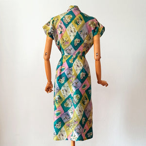 1940s - Spectacular Novelty Print Silk Dress - W26 (66cm)