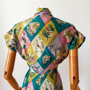 1940s - Spectacular Novelty Print Silk Dress - W26 (66cm)