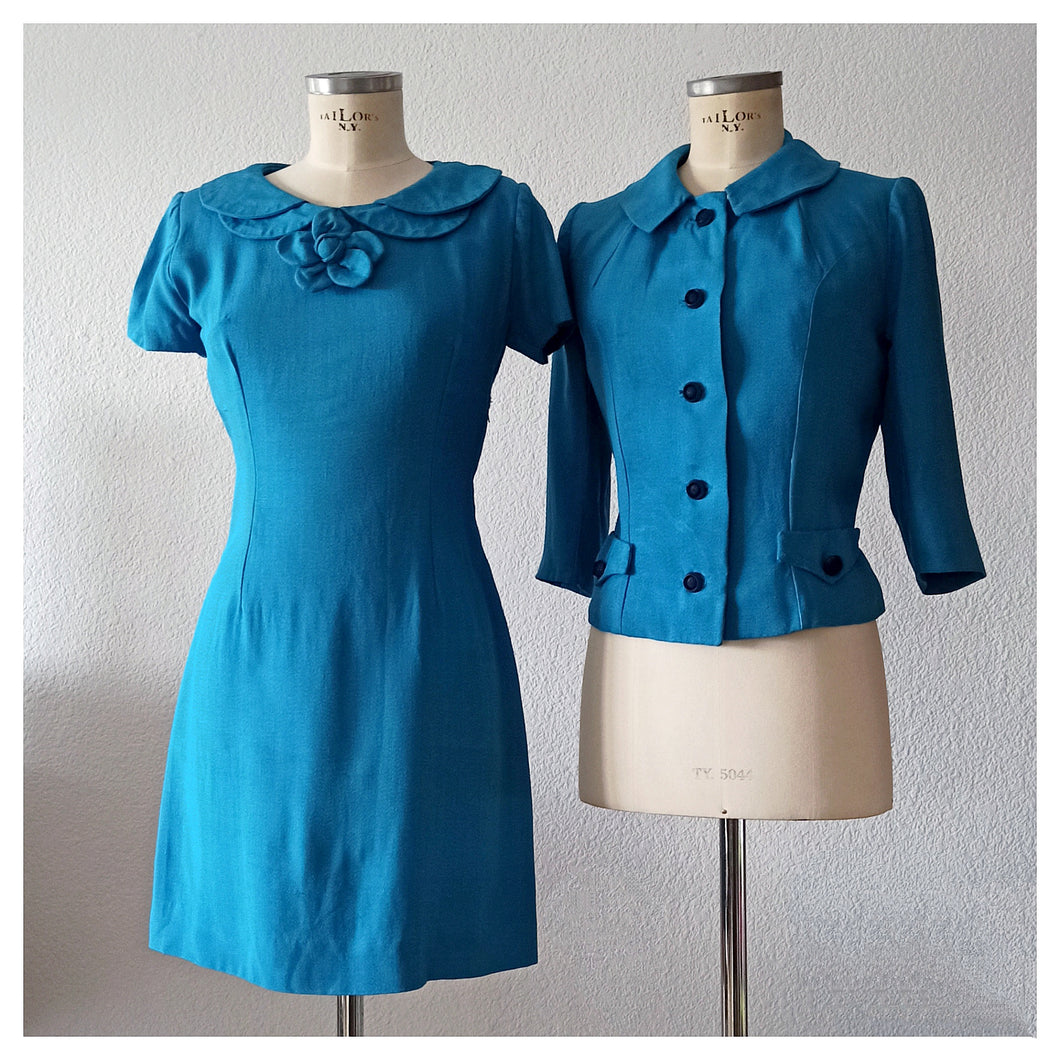 1960s - Adorable Blue Rayon Dress Jacket Set - W28 (72cm)