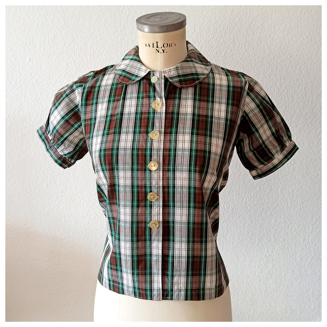 1960s - Gorgeous Puffed Shoulders Plaid Cotton Blouse