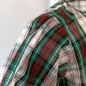 1960s - Gorgeous Puffed Shoulders Plaid Cotton Blouse