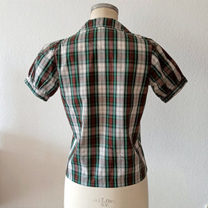 1960s - Gorgeous Puffed Shoulders Plaid Cotton Blouse