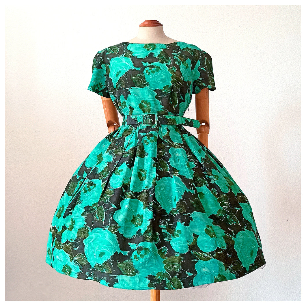 1950s - Stunning Green Floral Roseprint Rayon Dress - W28 (72cm)