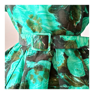 1950s - Stunning Green Floral Roseprint Rayon Dress - W28 (72cm)