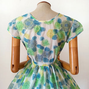 1950s 1960s - Stunning Green Roseprint Nylon Dress - W26 (66cm)