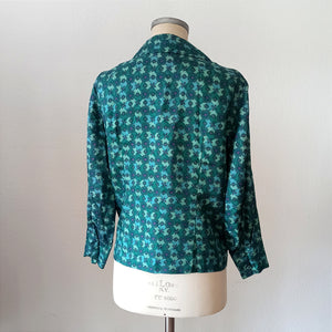 1960s - Green Satin Long Sleeves Blouse - Size Large