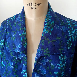 1960s - Blue Floral Satin Silk Jacket - Size Large