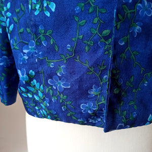 1960s - Blue Floral Satin Silk Jacket - Size Large