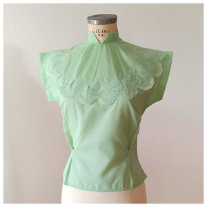 1950s - DEADSTOCK - French Pear Green Nylon Blouse - Sz. 42