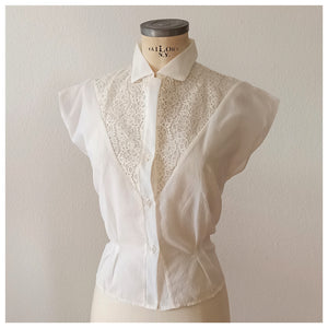 1950s - DEADSTOCK - French White Nylon Blouse - Sz. 48