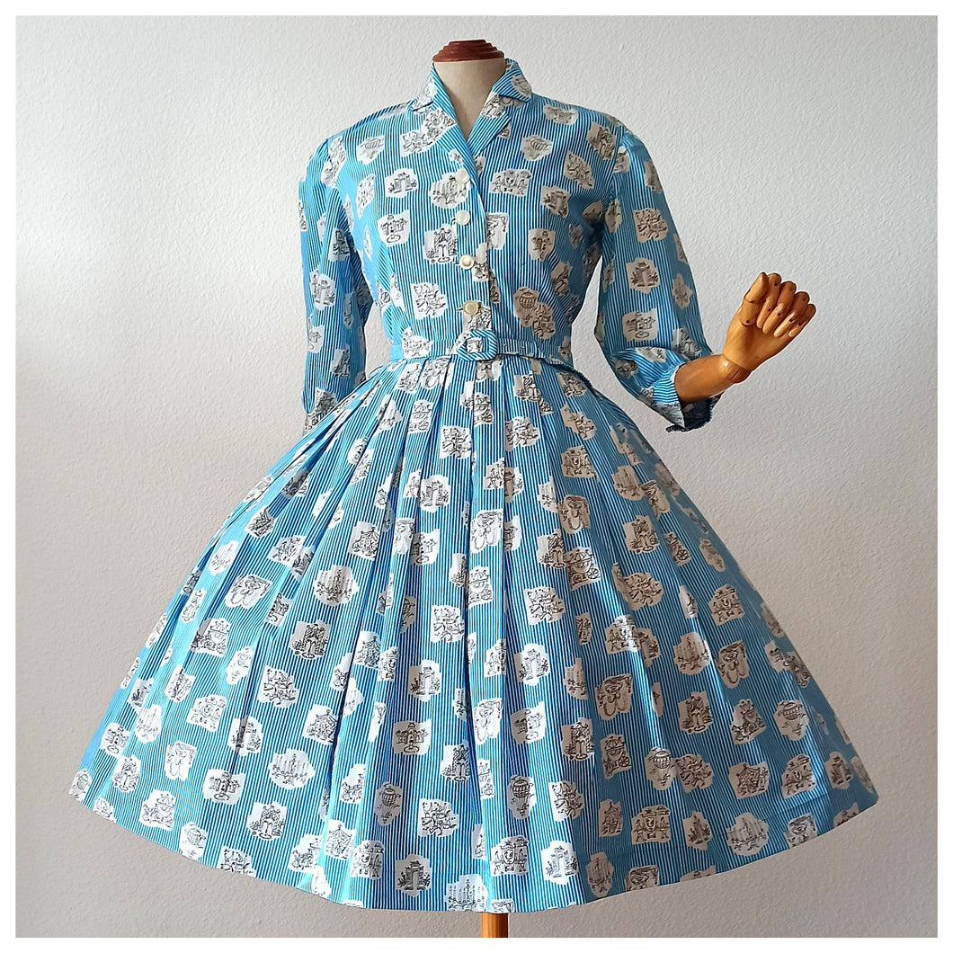 1950s - Outstanding Striped Novelty Print Cotton Dress - W28 (72cm)