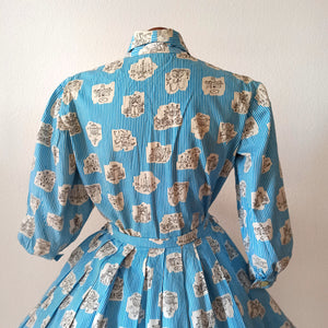 1950s - Outstanding Striped Novelty Print Cotton Dress - W28 (72cm)